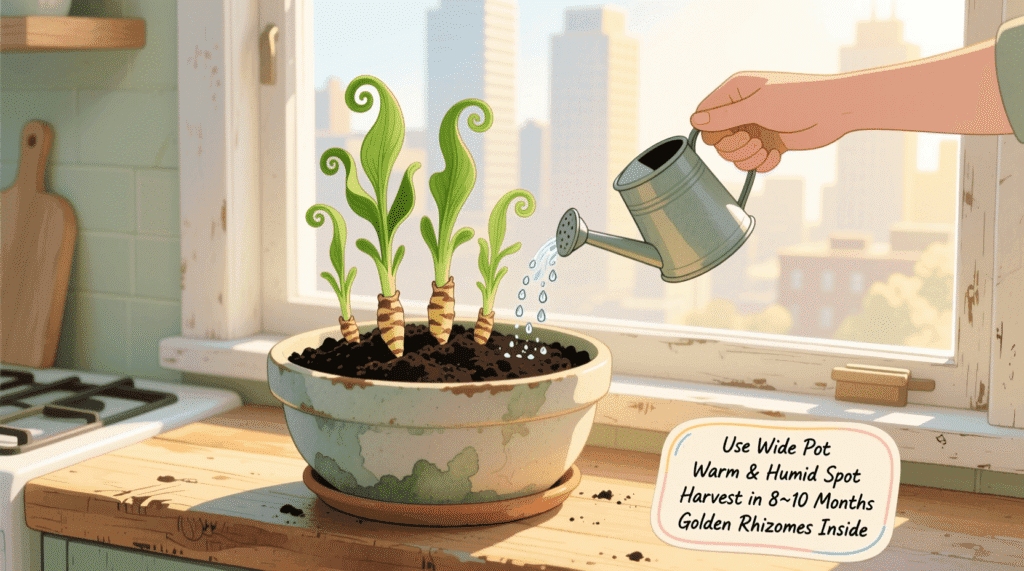 grow turmeric indoors in pot with lush green shoots emerging from soil on a sunny windowsill