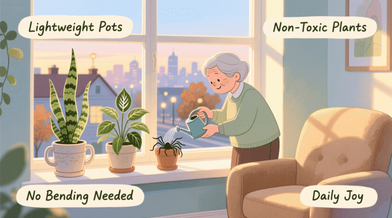 indoor gardening for seniors with easy-reach planters and low-maintenance plants on a sunny windowsill