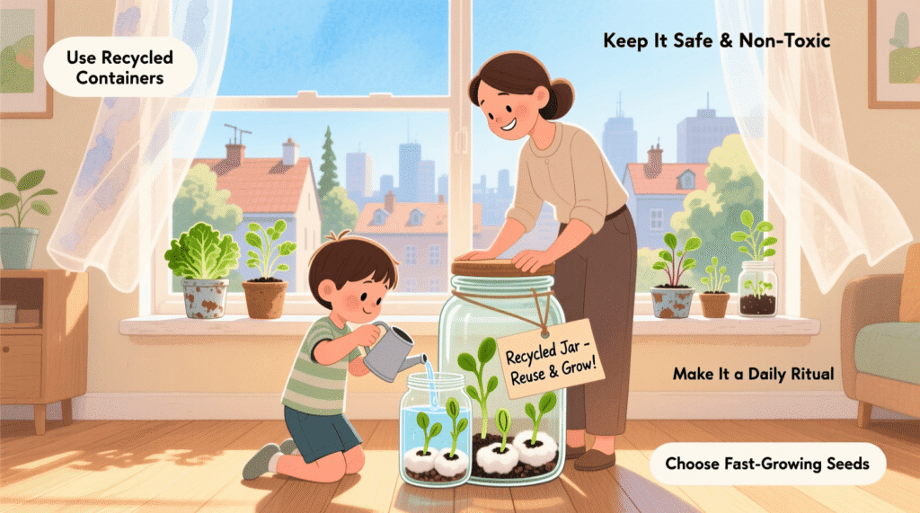 indoor gardening with kids using recycled jars to grow beans and herbs on a sunny windowsill