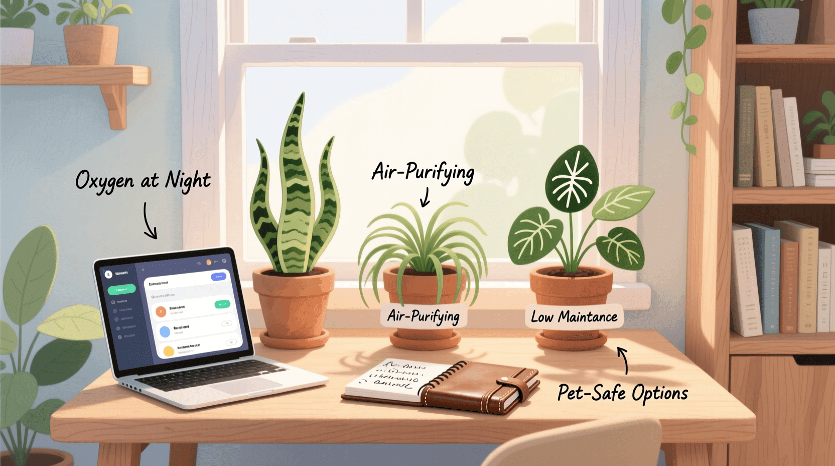 best indoor plants for home offices including snake plant, spider plant, and peace lily on a desk with laptop