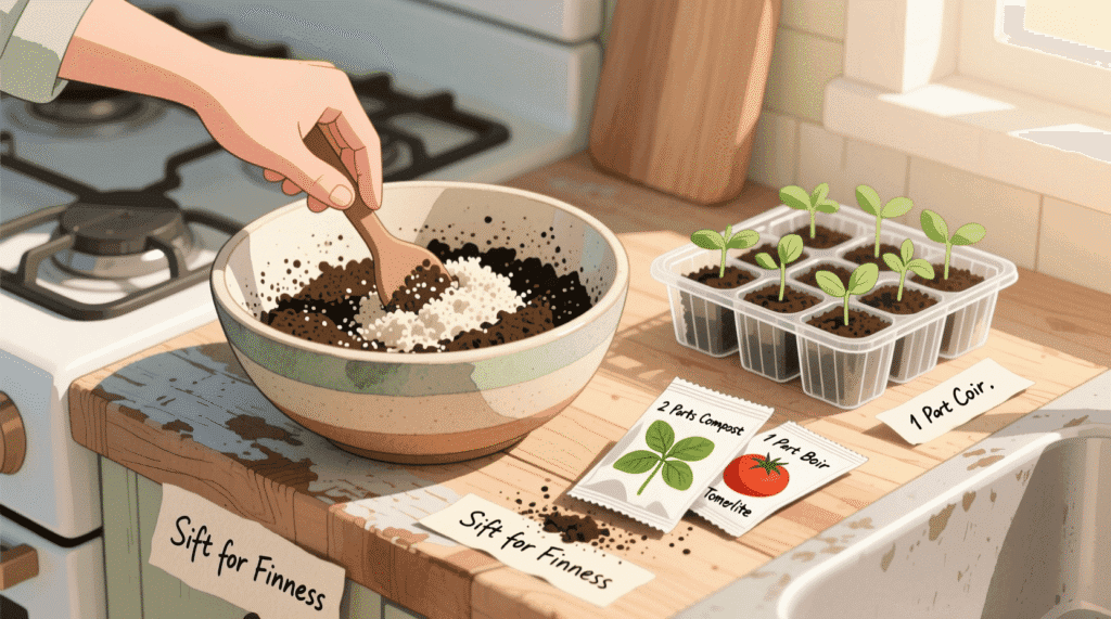 make your own seed starting mix at home with compost, coconut coir, and perlite in a mixing bowl