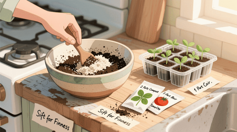 make your own seed starting mix at home with compost, coconut coir, and perlite in a mixing bowl