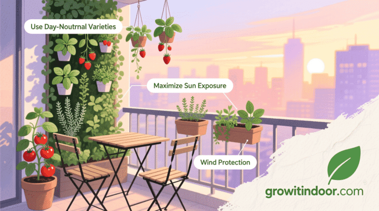 Creative balcony garden setup with vertical planters, hanging baskets, and tomatoes in containers on a city balcony