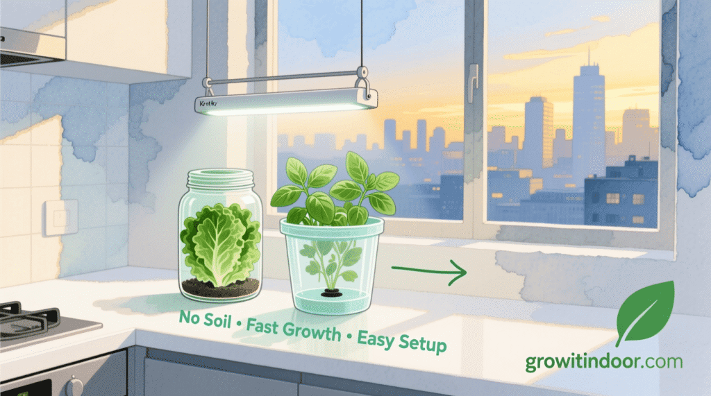 Compact hydroponic systems for small apartments — Kratky, DWC, and NFT setups with lettuce and herbs