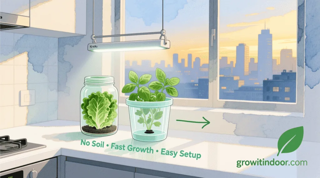 Compact hydroponic systems for small apartments — Kratky, DWC, and NFT setups with lettuce and herbs