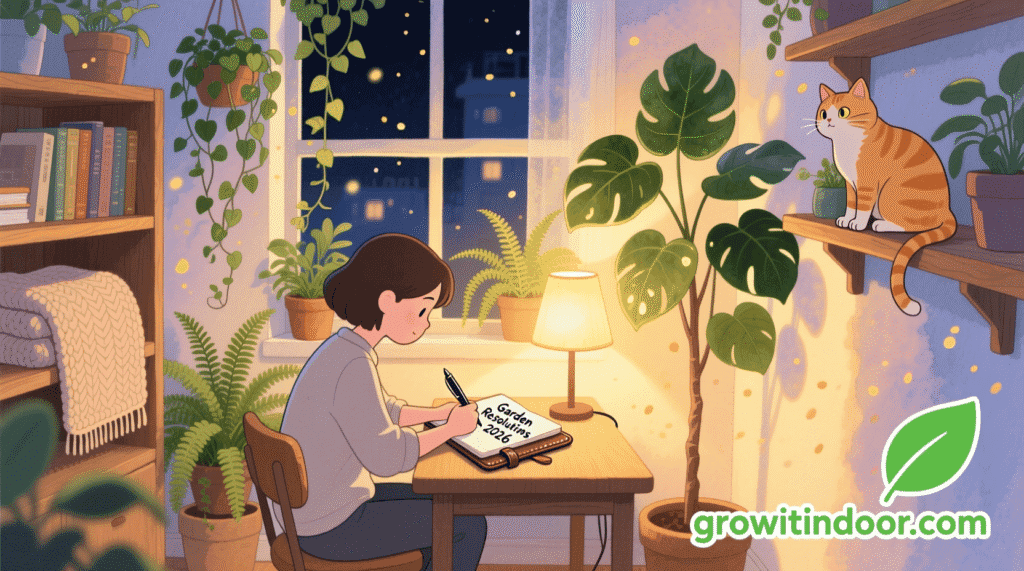 Person writing "Garden Resolutions 2026" in notebook surrounded by thriving houseplants in cozy apartment