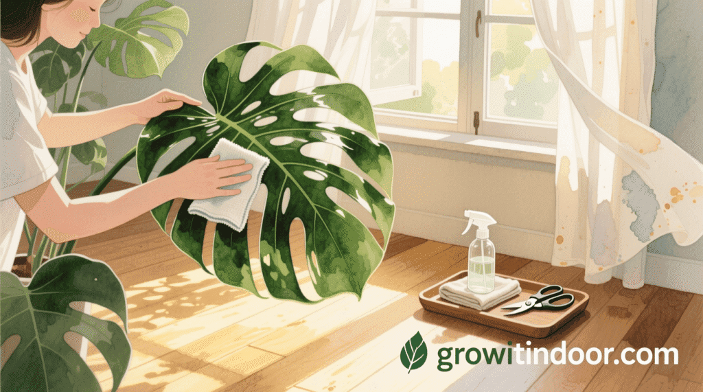 Person gently wiping monstera leaves with a damp cloth, open window with fresh air, small tray with cleaning tools. Sunlight streams in.