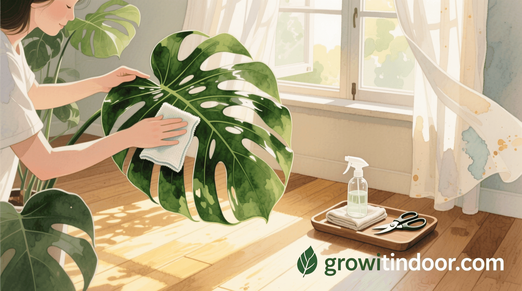 Person gently wiping monstera leaves with a damp cloth, open window with fresh air, small tray with cleaning tools. Sunlight streams in.