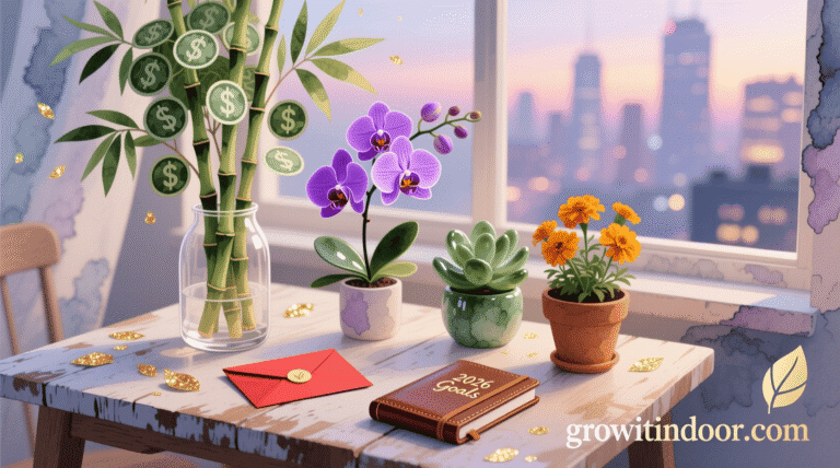 Five symbolic lucky houseplants for 2026: money tree, lucky bamboo, orchid, jade plant, and marigold on a wooden table with red envelope and notebook.