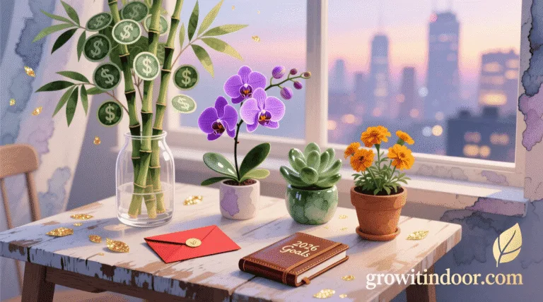Five symbolic lucky houseplants for 2026: money tree, lucky bamboo, orchid, jade plant, and marigold on a wooden table with red envelope and notebook.
