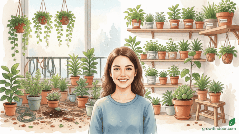 Before and after of an indoor garden refresh: disorganized space transformed into a clean, vibrant, and well-lit plant sanctuary.