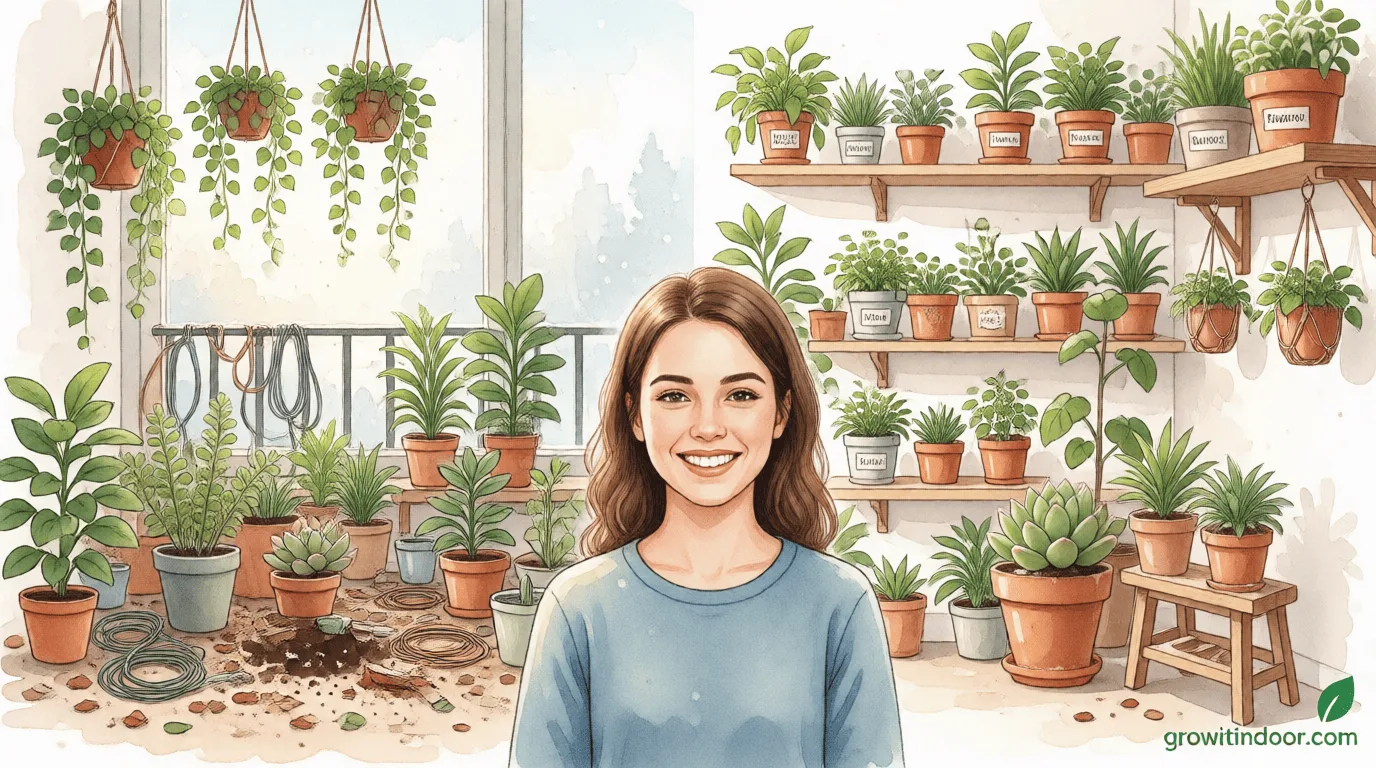 Before and after of an indoor garden refresh: disorganized space transformed into a clean, vibrant, and well-lit plant sanctuary.