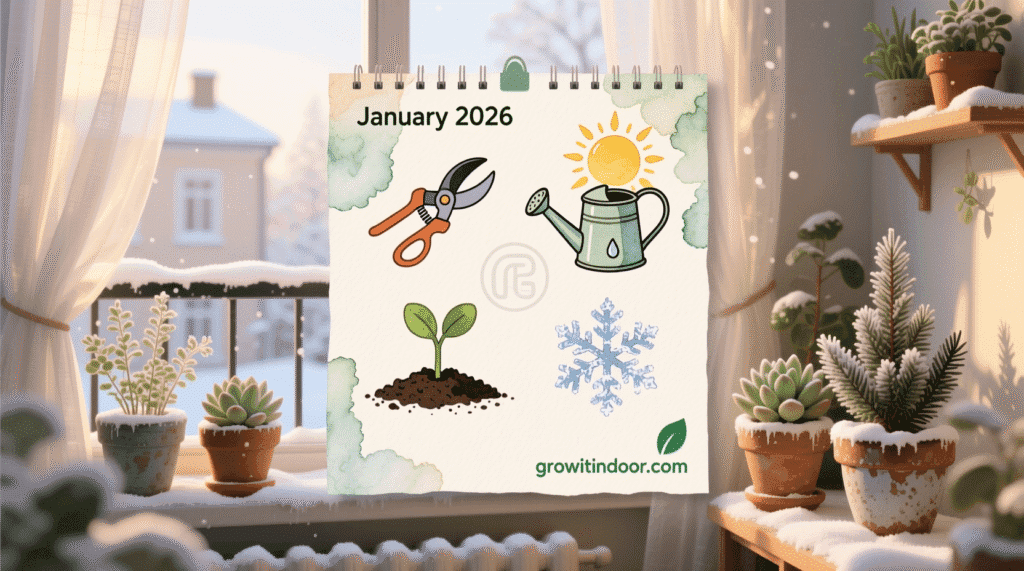 Illustrated 2026 urban gardening calendar with monthly tasks: pruning, seed starting, watering, and sunlight tracking.