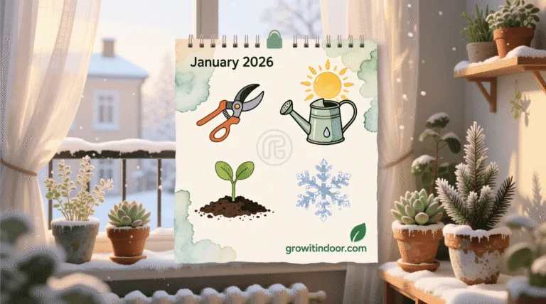 Illustrated 2026 urban gardening calendar with monthly tasks: pruning, seed starting, watering, and sunlight tracking.
