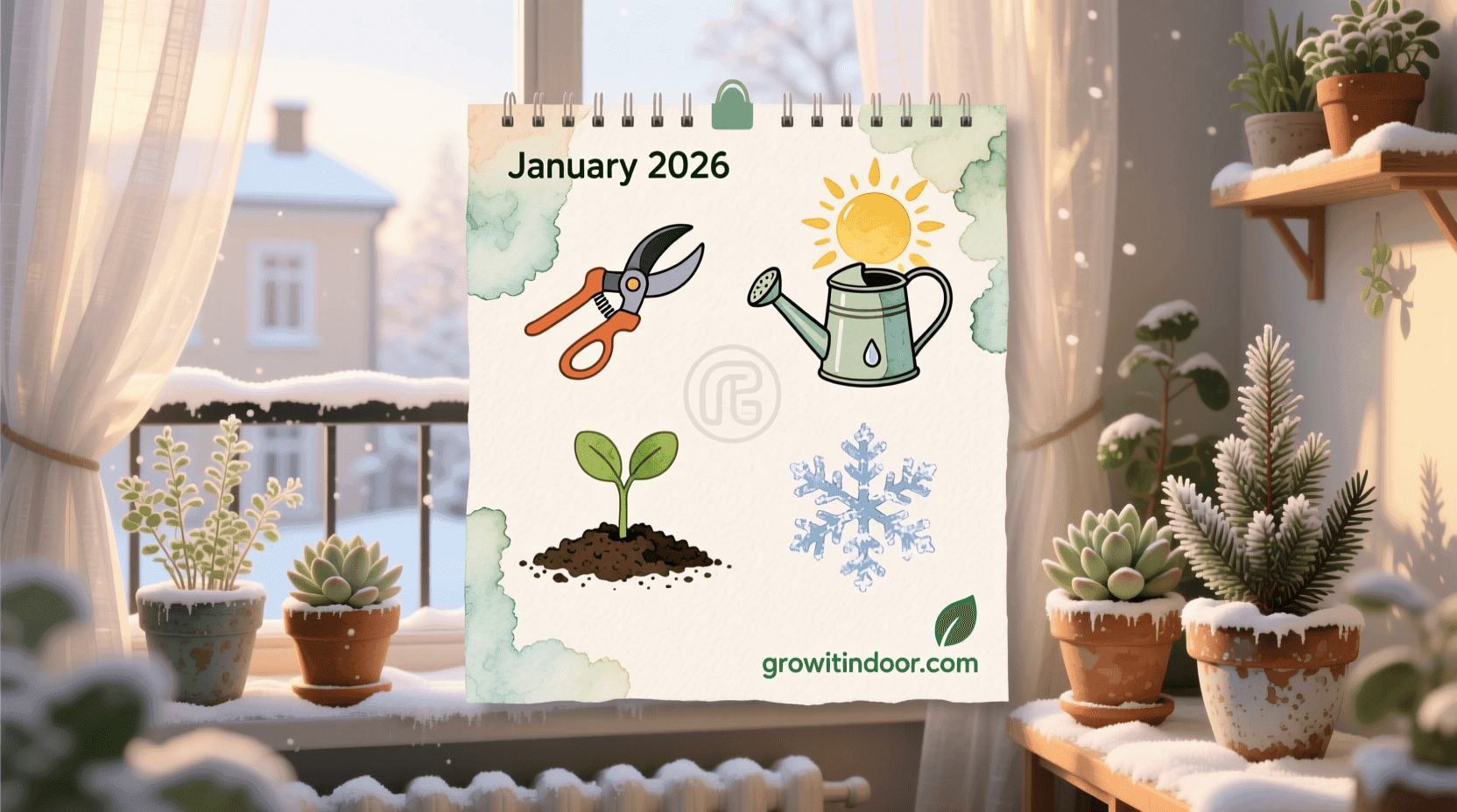 Illustrated 2026 urban gardening calendar with monthly tasks: pruning, seed starting, watering, and sunlight tracking.