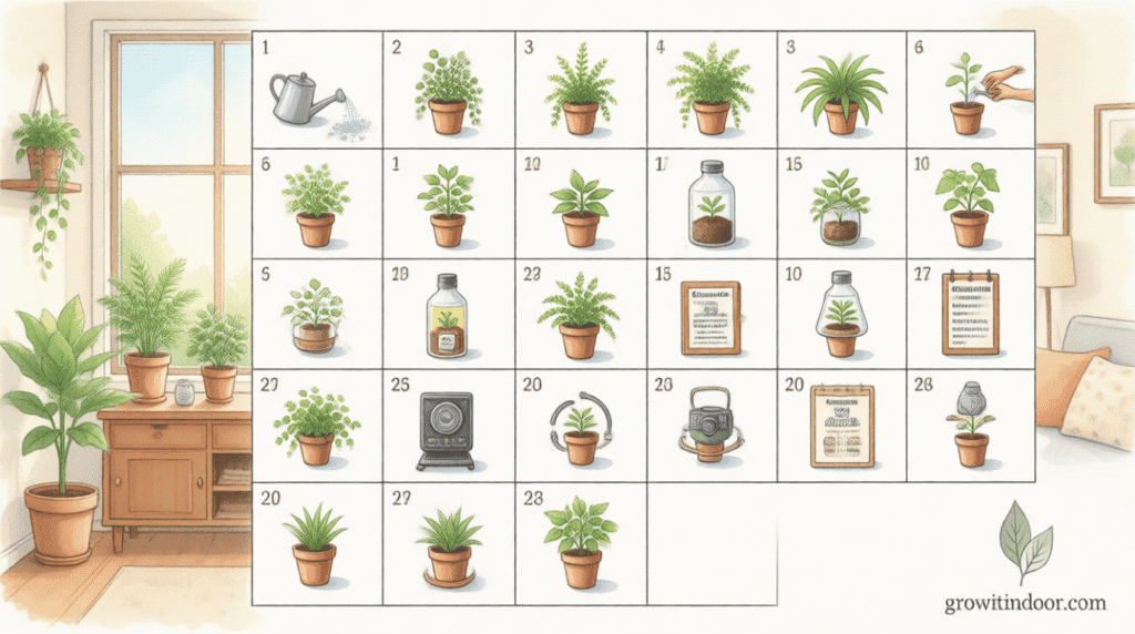 Illustrated 30-day indoor gardening challenge calendar with simple daily tasks: watering, wiping leaves, propagating, and celebrating growth.
