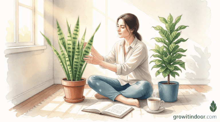Person meditating near snake plant and ZZ plant, hands touching leaves, journal open, cup of tea nearby. Peaceful indoor scene.