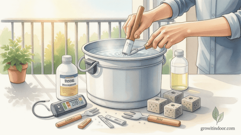 Close-up of hands cleaning a hydroponic DWC bucket with hydrogen peroxide, pH meter, and fresh supplies during a January system reset.