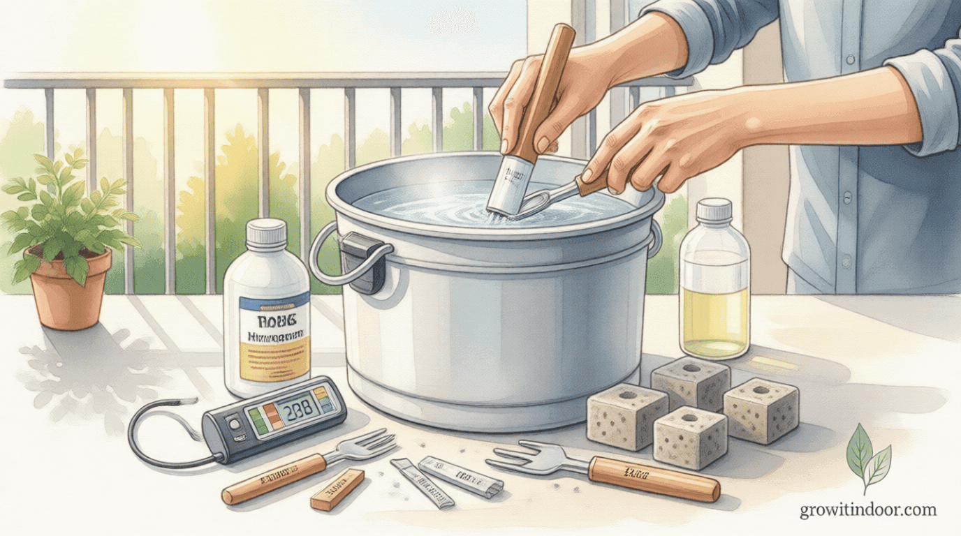 Close-up of hands cleaning a hydroponic DWC bucket with hydrogen peroxide, pH meter, and fresh supplies during a January system reset.