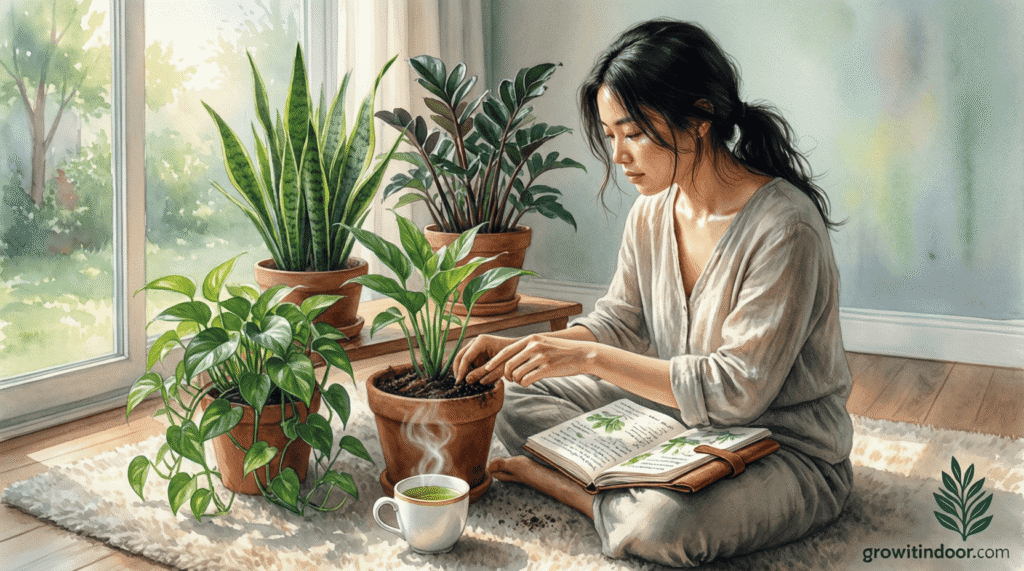 Person gently checking soil moisture of houseplants during a quiet 10-minute weekly care routine in a cozy apartment.