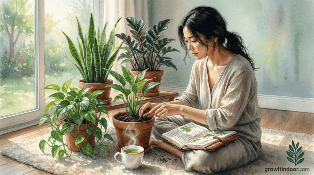 Person gently checking soil moisture of houseplants during a quiet 10-minute weekly care routine in a cozy apartment.