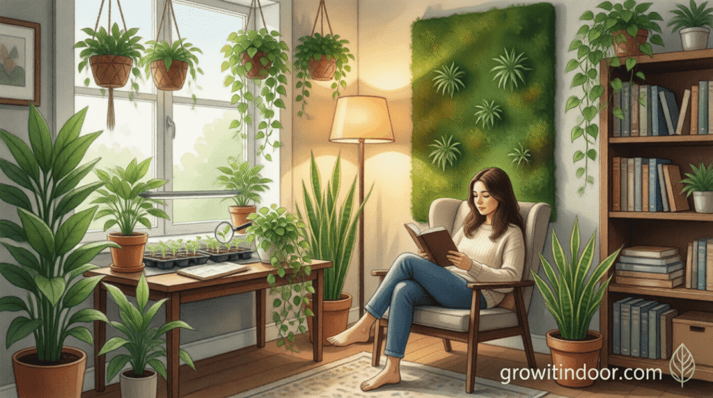 Lush indoor jungle in a low-light corner with ZZ plant, pothos, snake plant, and warm ambient lighting.