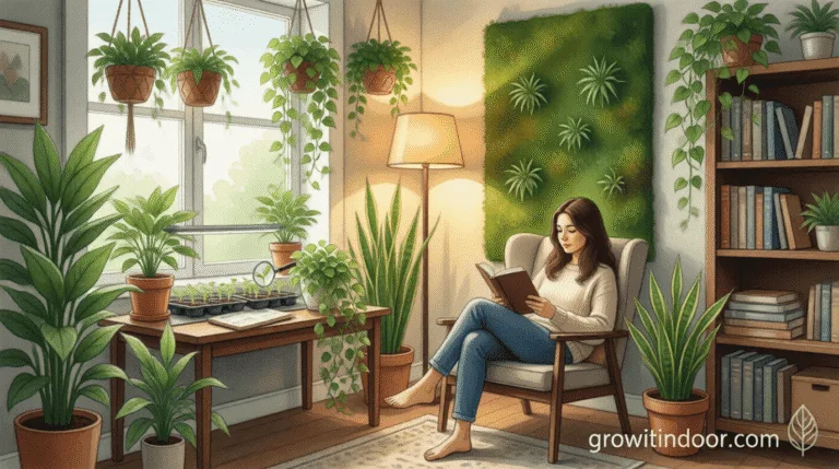 Lush indoor jungle in a low-light corner with ZZ plant, pothos, snake plant, and warm ambient lighting.