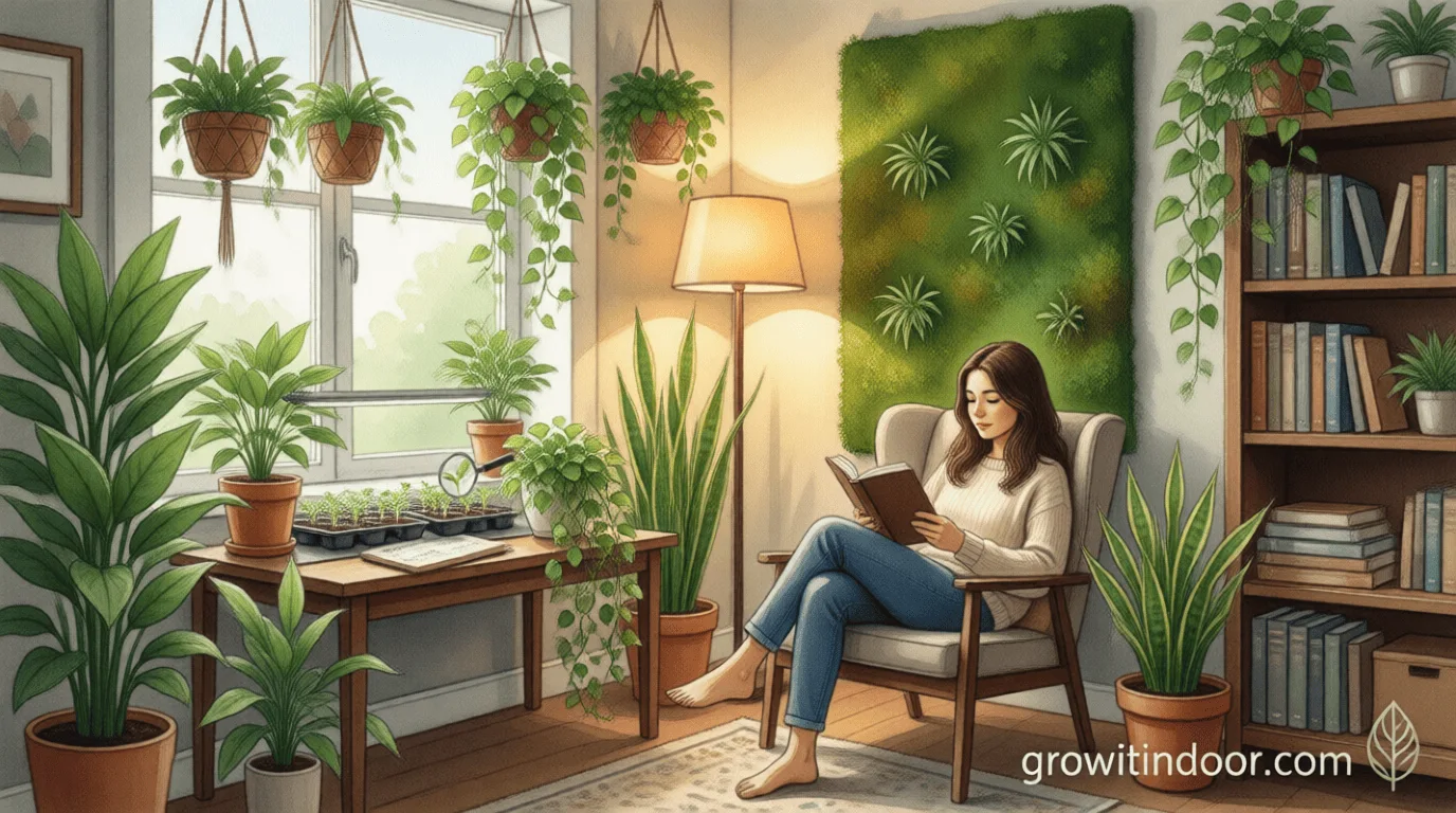 Lush indoor jungle in a low-light corner with ZZ plant, pothos, snake plant, and warm ambient lighting.