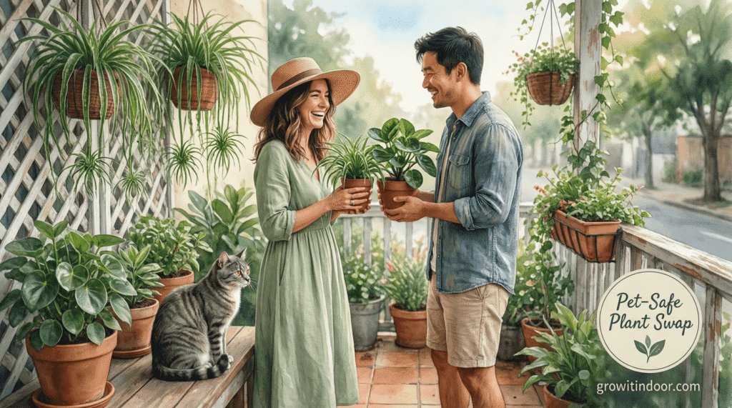 Two people exchanging pet-safe houseplants on a balcony during a community plant swap. Cat watching calmly in background.