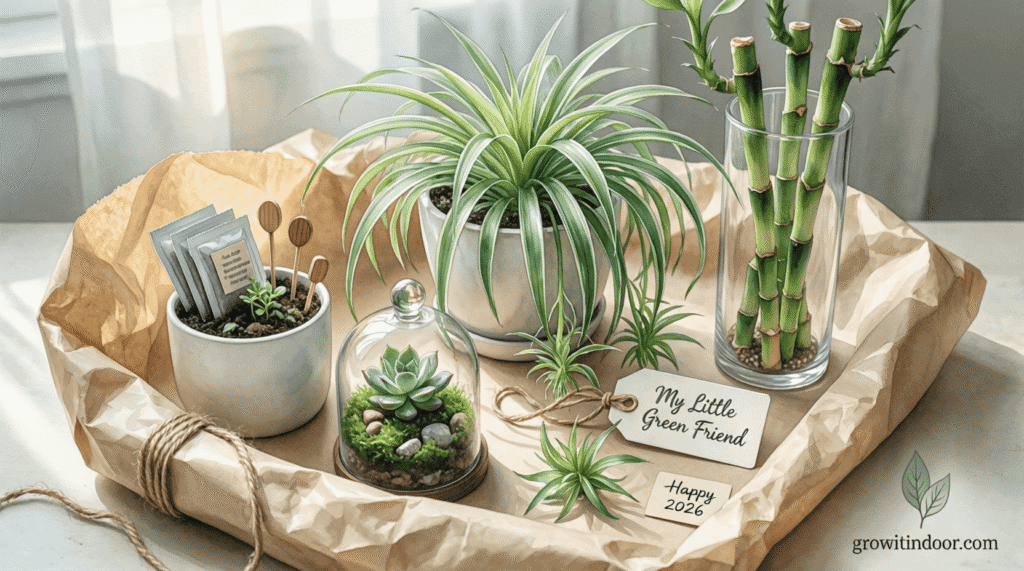 Thoughtful plant gift set for the new year: spider plant, herb kit, terrarium, lucky bamboo, and personalized label on a wooden table.