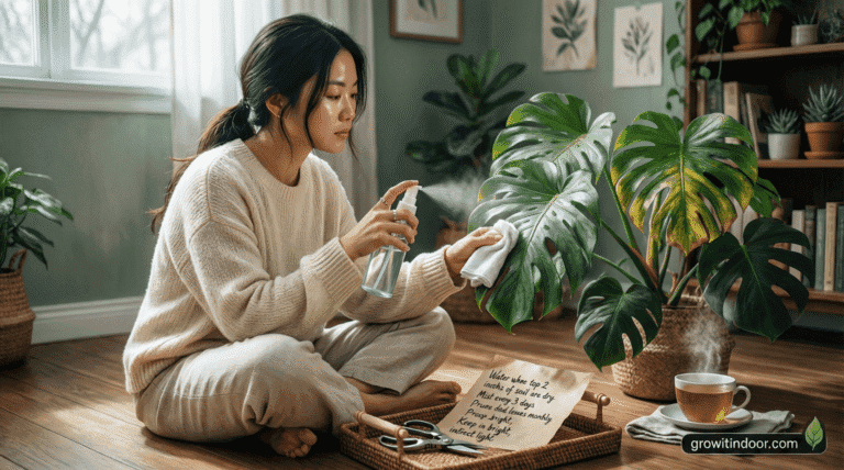 Person caring for a drooping monstera plant: wiping leaves, checking soil, using spray bottle in a calm indoor setting.