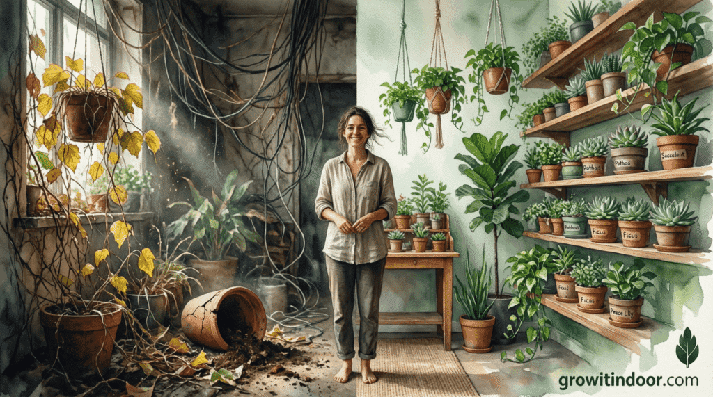 Indoor seed starting setup with labeled trays, LED grow light, and young sprouts on a kitchen counter in January.