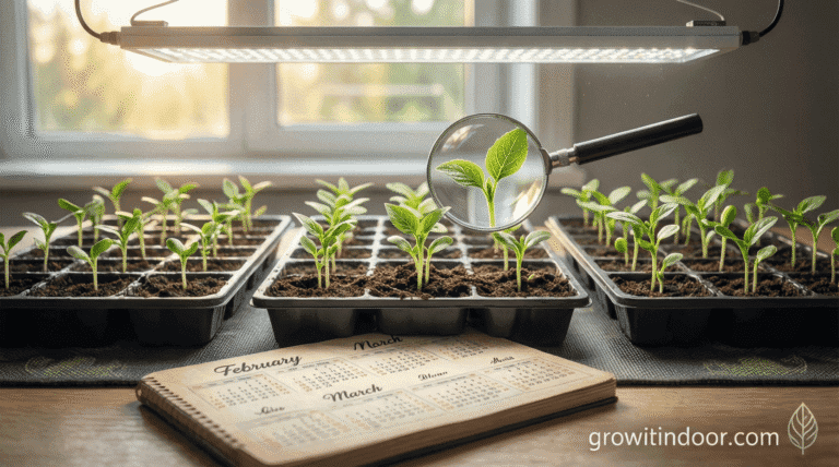 Healthy seedlings growing under full-spectrum LED light with labeled trays, heat mat, and calendar indicating optimal sowing time.