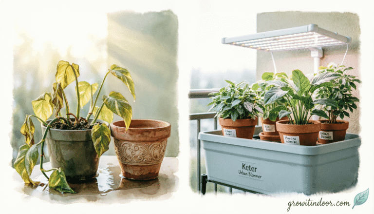 Before-and-after indoor garden scene showing common January mistakes and their simple solutions.