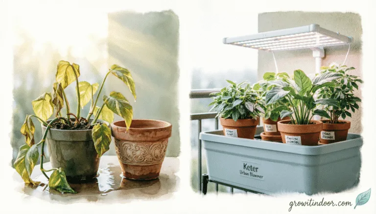 Before-and-after indoor garden scene showing common January mistakes and their simple solutions.