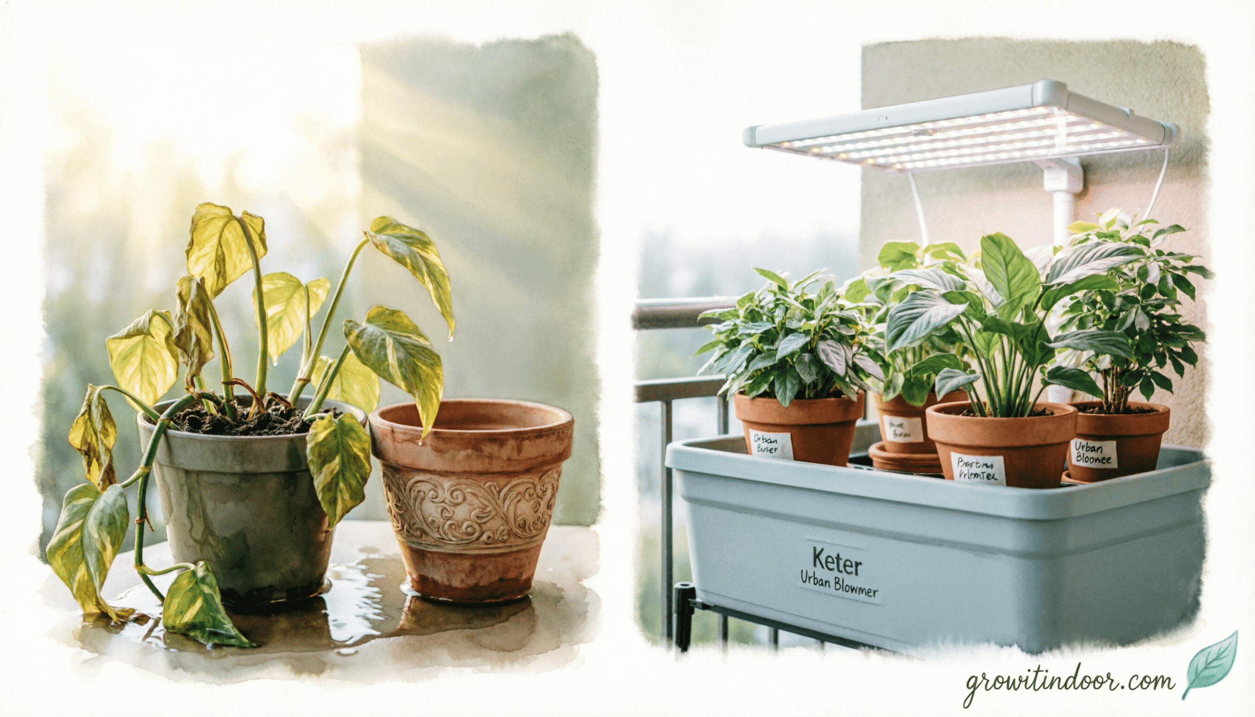 Before-and-after indoor garden scene showing common January mistakes and their simple solutions.