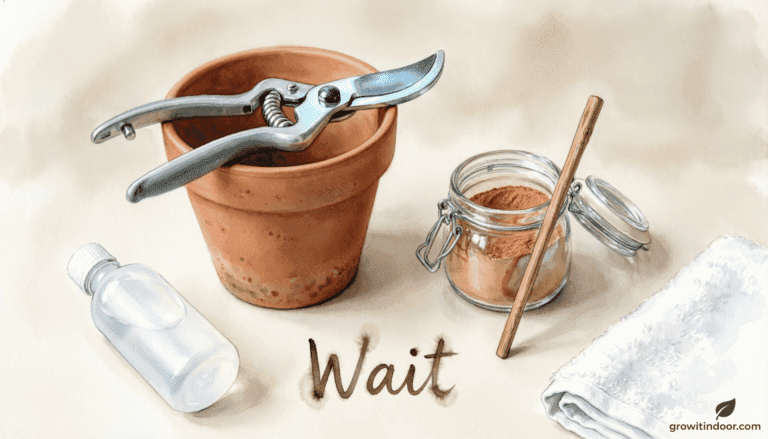 Illustrated rescue kit for overwatered houseplants: terracotta pot, scissors, cinnamon, chopstick, and drying towel.