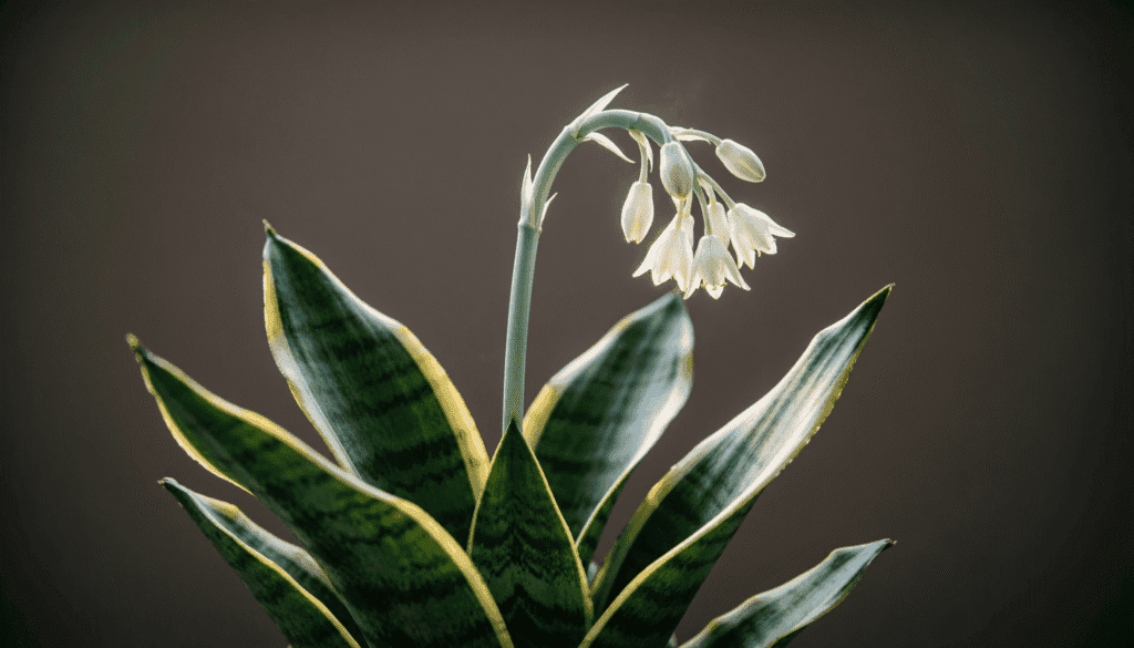 watercolor scene: a tall snake plant in a woven basket with a thin flower stalk rising from the center, tiny white-green buds opening at night, soft moonlight through window. Journal nearby with note: "Day 1 - It bloomed." Bottom right: "growitindoor.com" with leaf logo. --v 6.0 --ar 16:9 --style raw