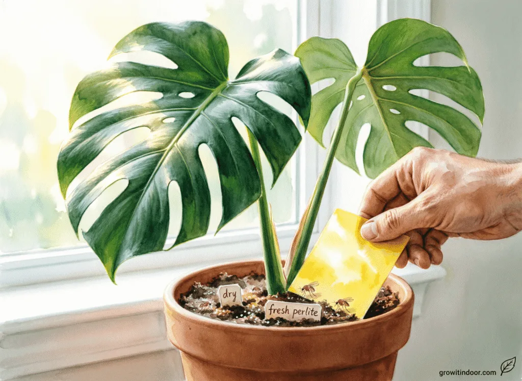 Yellow sticky trap placed near a houseplant to capture fungus gnats, with dry soil and fresh perlite layer on top.