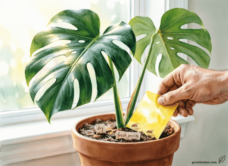 Yellow sticky trap placed near a houseplant to capture fungus gnats, with dry soil and fresh perlite layer on top.
