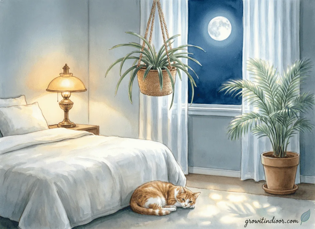 Pet-safe air-purifying plants in a bedroom at night: spider plant in hanging basket and parlor palm on nightstand with sleeping cat nearby.