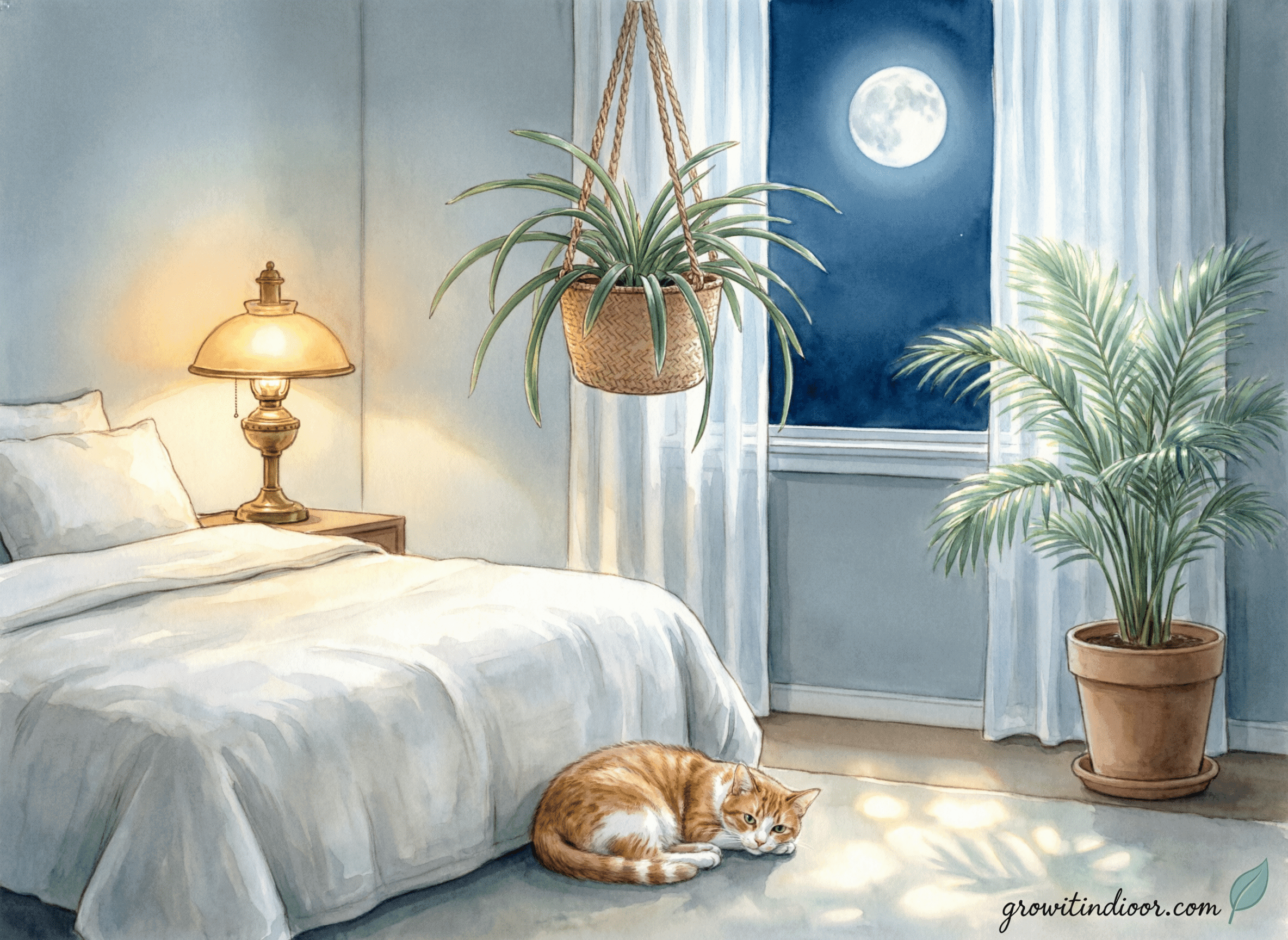 Pet-safe air-purifying plants in a bedroom at night: spider plant in hanging basket and parlor palm on nightstand with sleeping cat nearby.