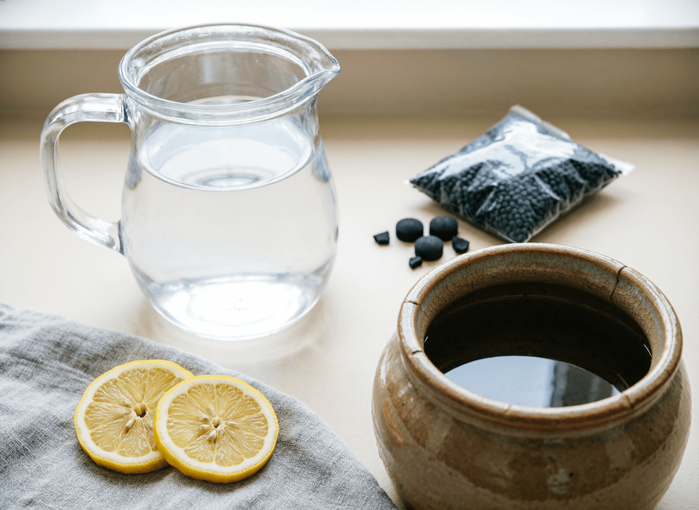 Methods to make tap water safe for houseplants: pitcher of standing water, activated charcoal, lemon slices, and rainwater collection jar.