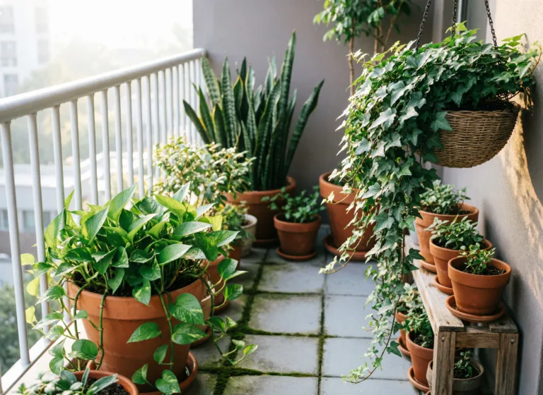 Small urban balcony transformed into a lush jungle with pothos, snake plant, and hanging ivy under soft morning light.