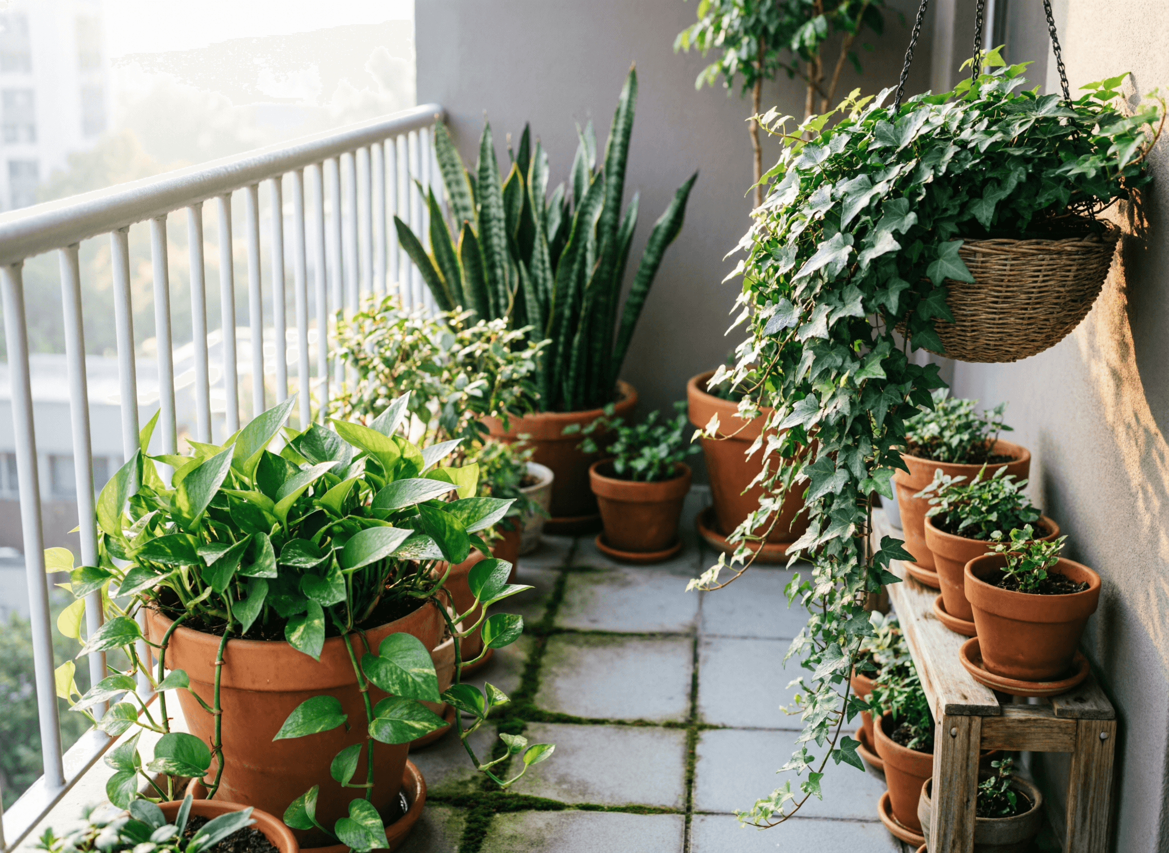Small urban balcony transformed into a lush jungle with pothos, snake plant, and hanging ivy under soft morning light.
