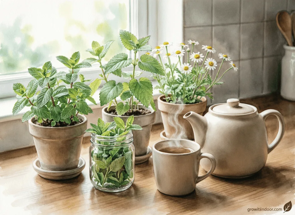 Simple herbal tea station with potted mint, lemon balm, and chamomile on a kitchen counter with morning light.