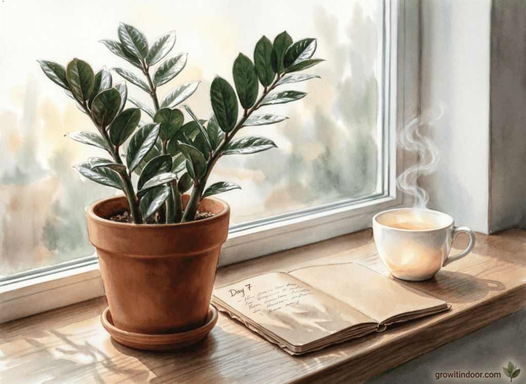 One ZZ plant in a terracotta pot on a windowsill with morning light, notebook, and tea — a minimalist indoor garden setup.