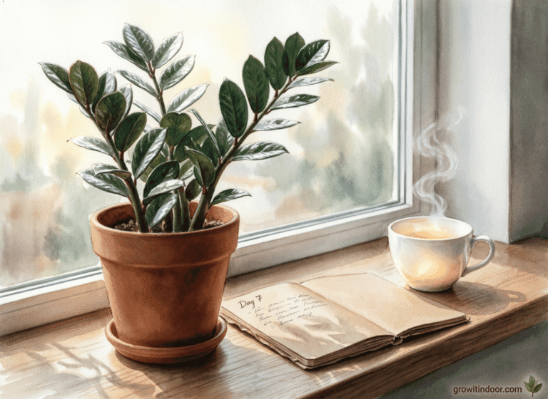 One ZZ plant in a terracotta pot on a windowsill with morning light, notebook, and tea — a minimalist indoor garden setup.