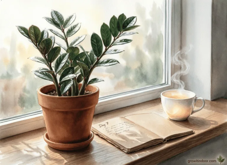 One ZZ plant in a terracotta pot on a windowsill with morning light, notebook, and tea — a minimalist indoor garden setup.