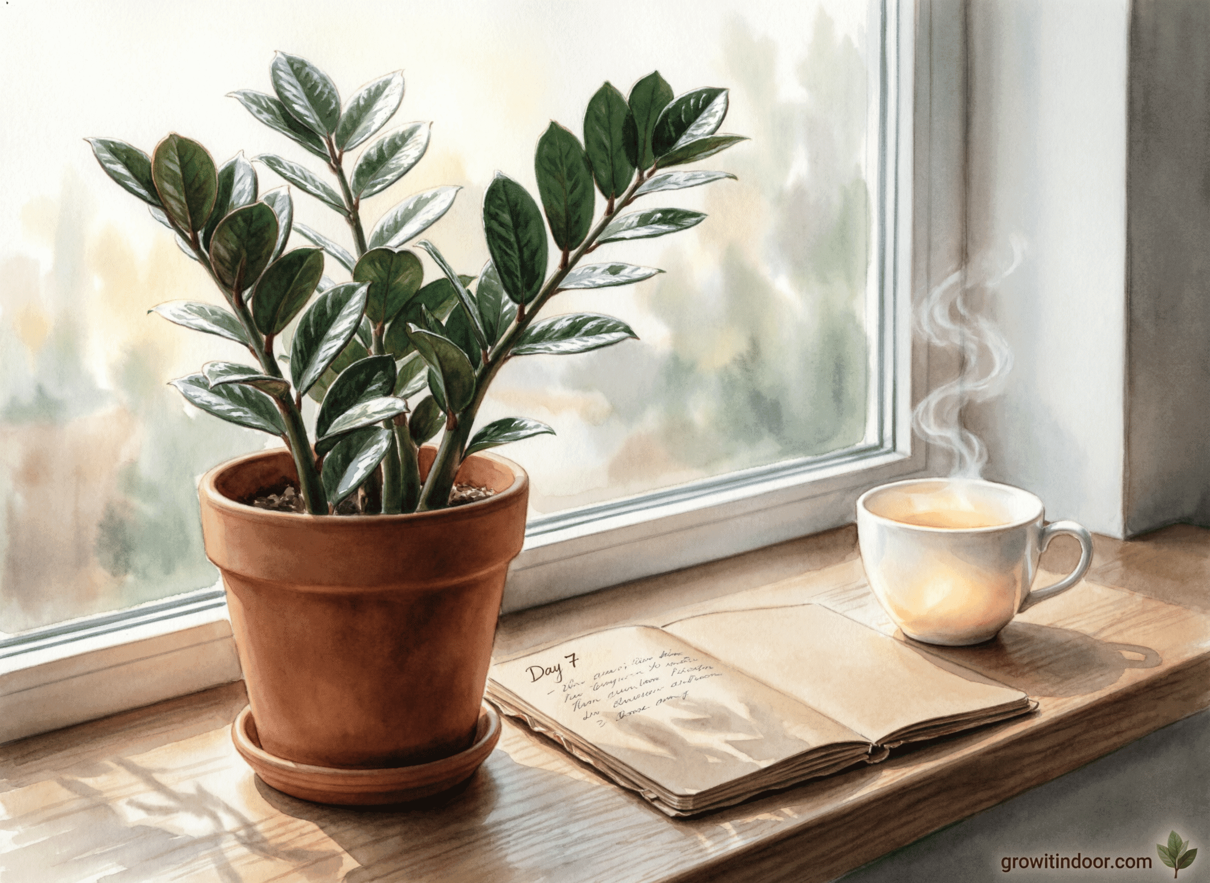One ZZ plant in a terracotta pot on a windowsill with morning light, notebook, and tea — a minimalist indoor garden setup.